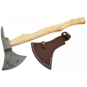 Handmade Damascus Steel Bearded Spike Axe – Hand Forged Viking Bearded Axe with Ash Wood Handle and Leather Sheath | JW SteelCrafts by JW SteelCrafts, leather knife sheath detail