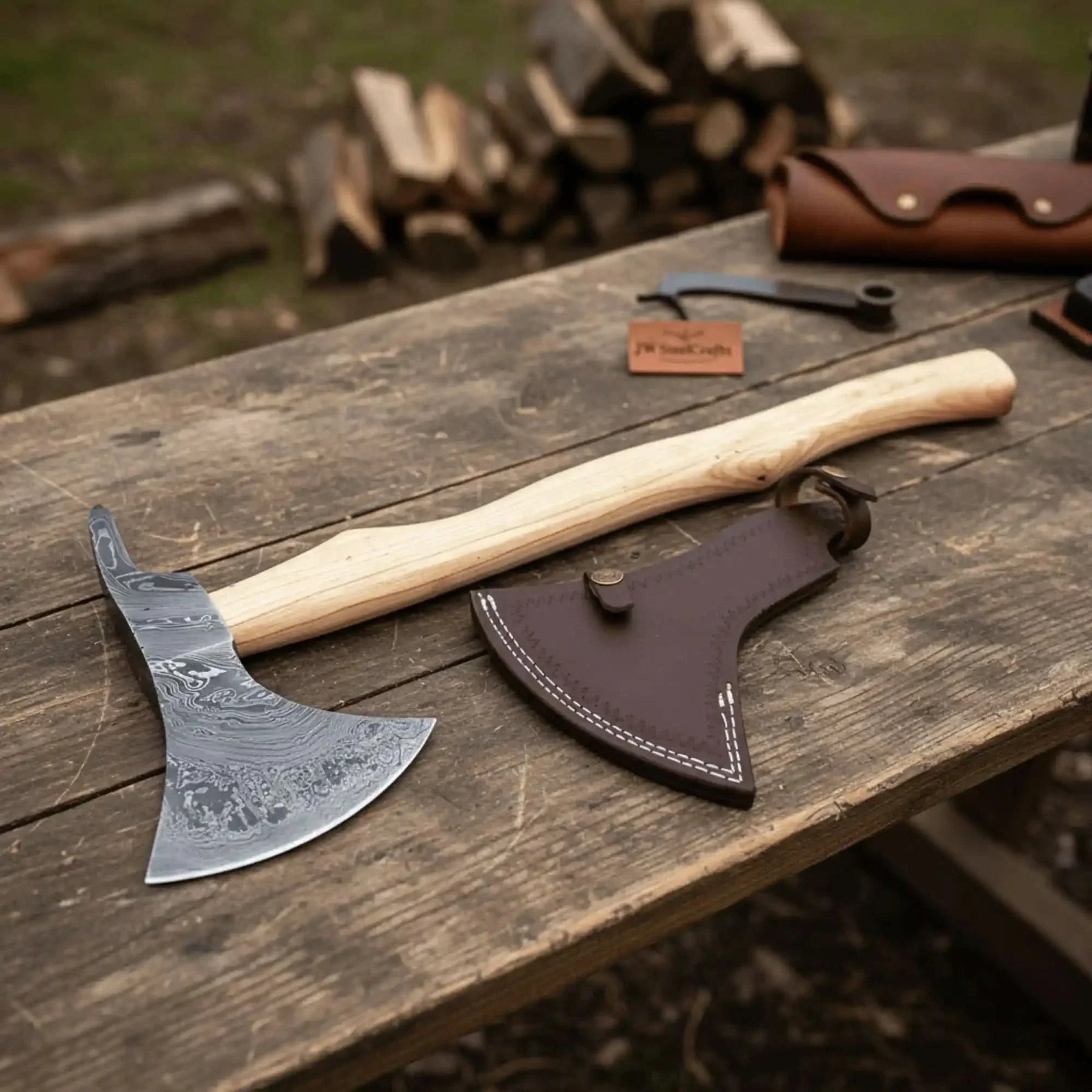Handmade Damascus Steel Bearded Spike Axe – Hand Forged Viking Bearded Axe with Ash Wood Handle and Leather Sheath | JW SteelCrafts by JW SteelCrafts, leather knife sheath main
