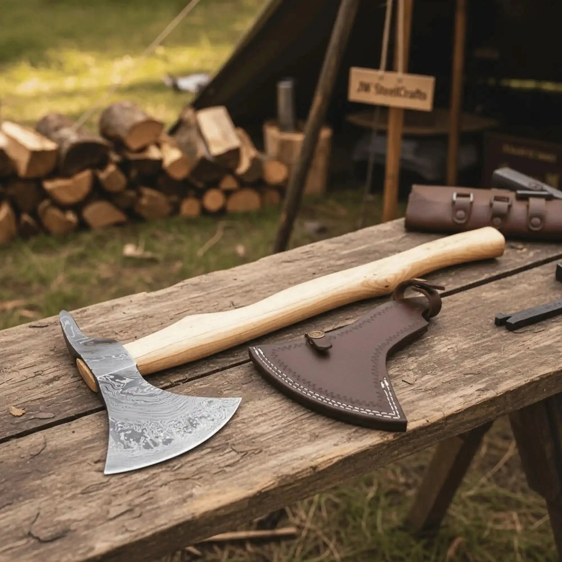 Handmade Damascus Steel Bearded Spike Axe – Hand Forged Viking Bearded Axe with Ash Wood Handle and Leather Sheath | JW SteelCrafts by JW SteelCrafts, leather knife sheath detail