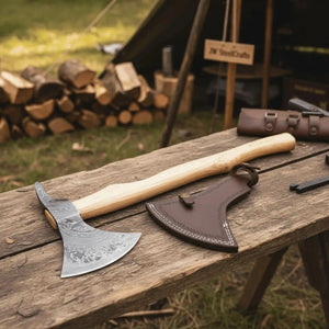 Handmade Damascus Steel Bearded Spike Axe – Hand Forged Viking Bearded Axe with Ash Wood Handle and Leather Sheath | JW SteelCrafts by JW SteelCrafts, leather knife sheath detail