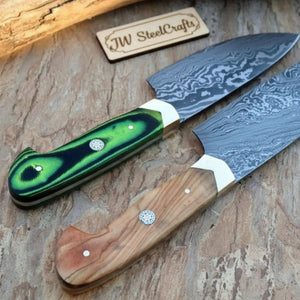 Handmade Damascus Steel Chef Knife Set - 2-Piece with Wooden & Green Resin Handles detail view by JW SteelCrafts