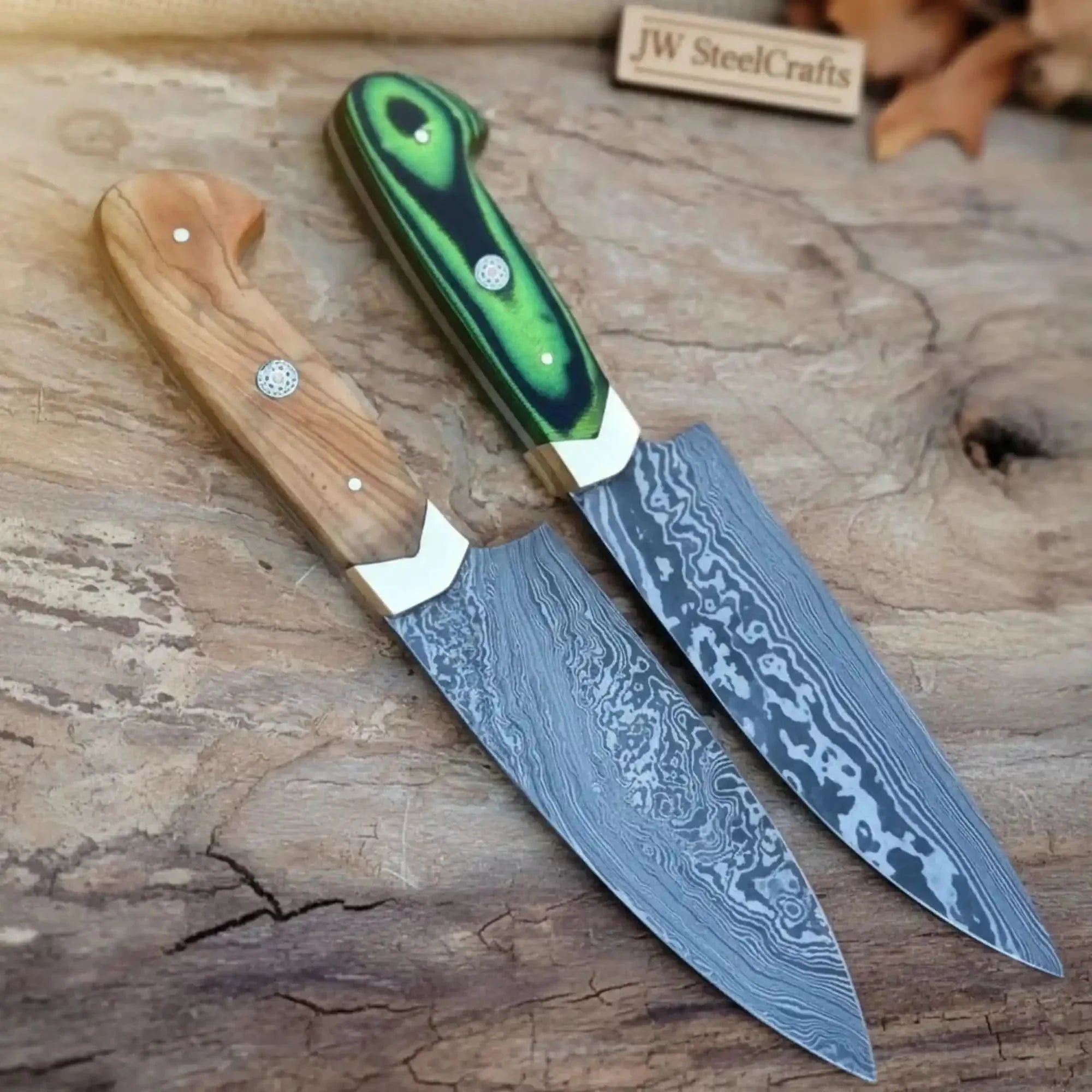 Handmade Damascus Steel Chef Knife Set - 2-Piece with Wooden & Green Resin Handles by JW SteelCrafts