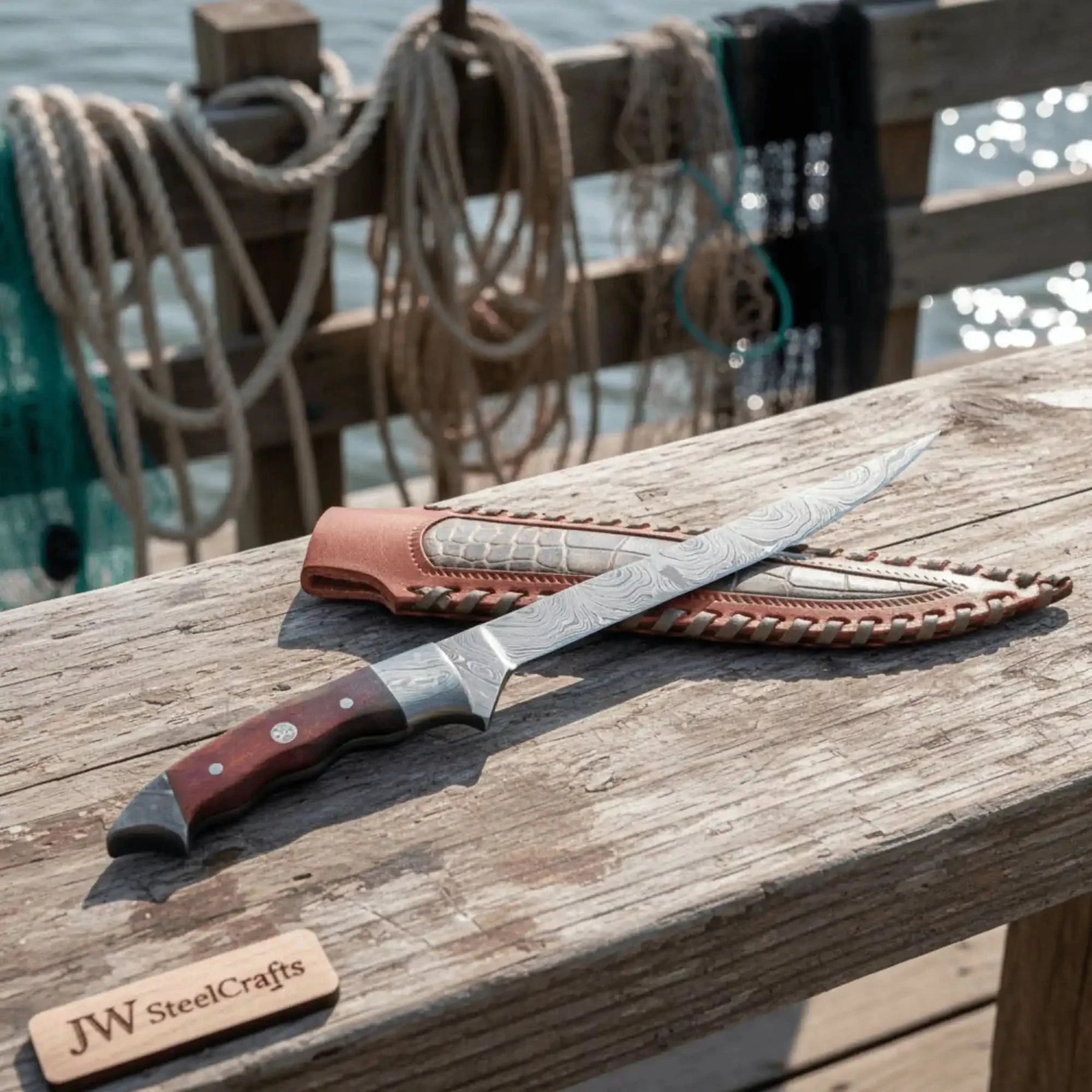 Handmade 13 Inch Overall Damascus Steel Fillet Knife – Full Tang Fishing Knife with Hardwood Handle and Leather Sheath. by JW SteelCrafts, leather knife sheath detail photo 5