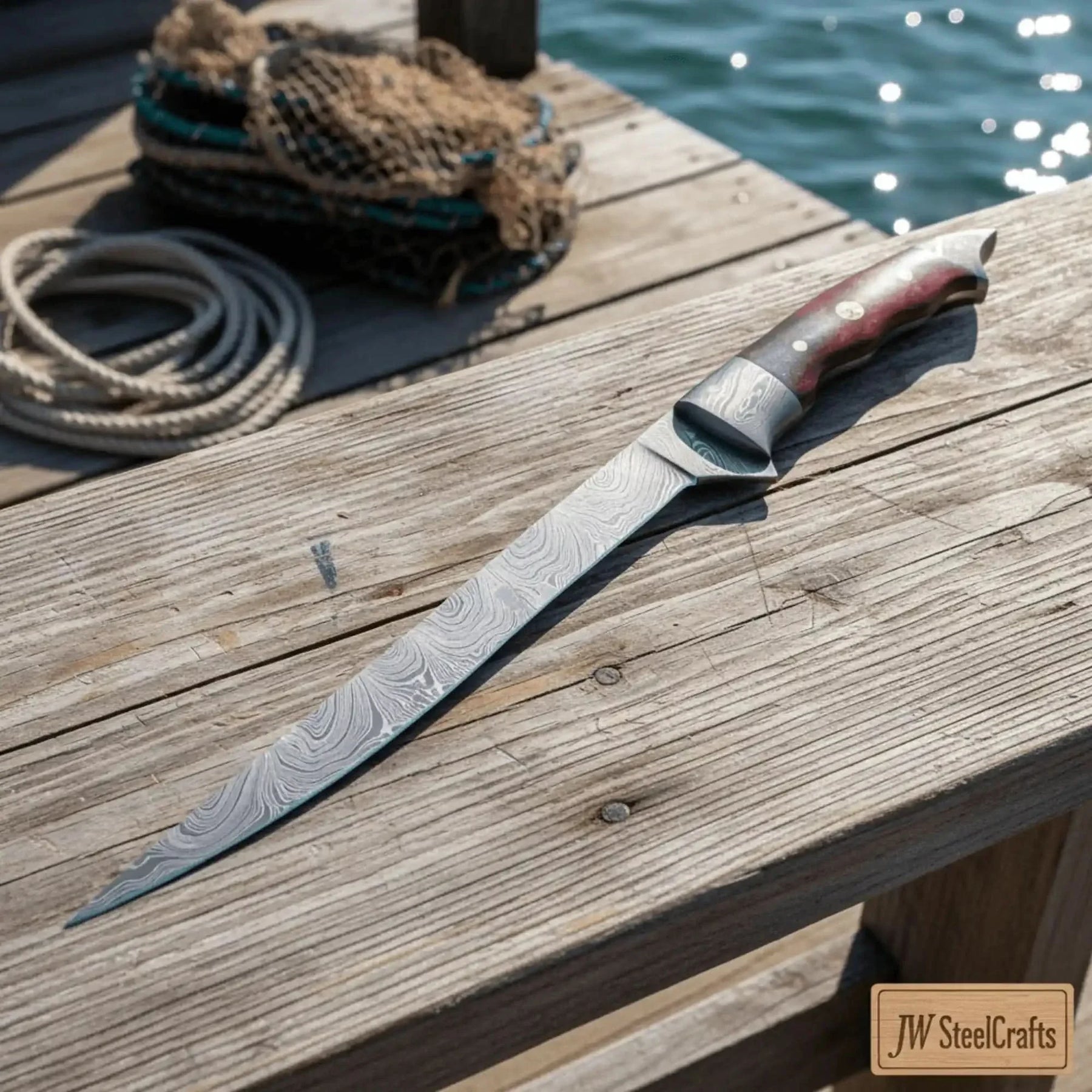 Handmade 13 Inch Overall Damascus Steel Fillet Knife – Full Tang Fishing Knife with Hardwood Handle and Leather Sheath. by JW SteelCrafts, leather knife sheath detail photo 4