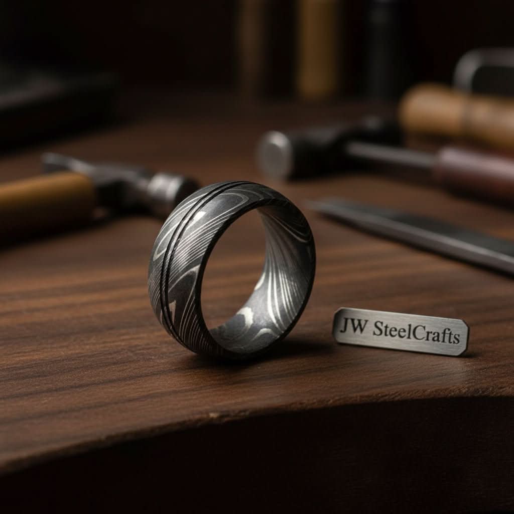 Mens Damascus Steel Wedding Band Double Center Groove Pattern Ring by JW SteelCrafts, handmade jewelry detail photo 2