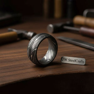 Mens Damascus Steel Wedding Band Double Center Groove Pattern Ring by JW SteelCrafts, handmade jewelry detail photo 2