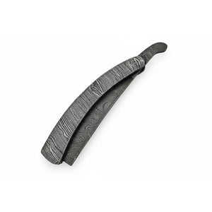 Handmade Damascus Steel Sweeney Todd Style Straight Razor Barber Folding Razor with Leather Sheath detail view by JW