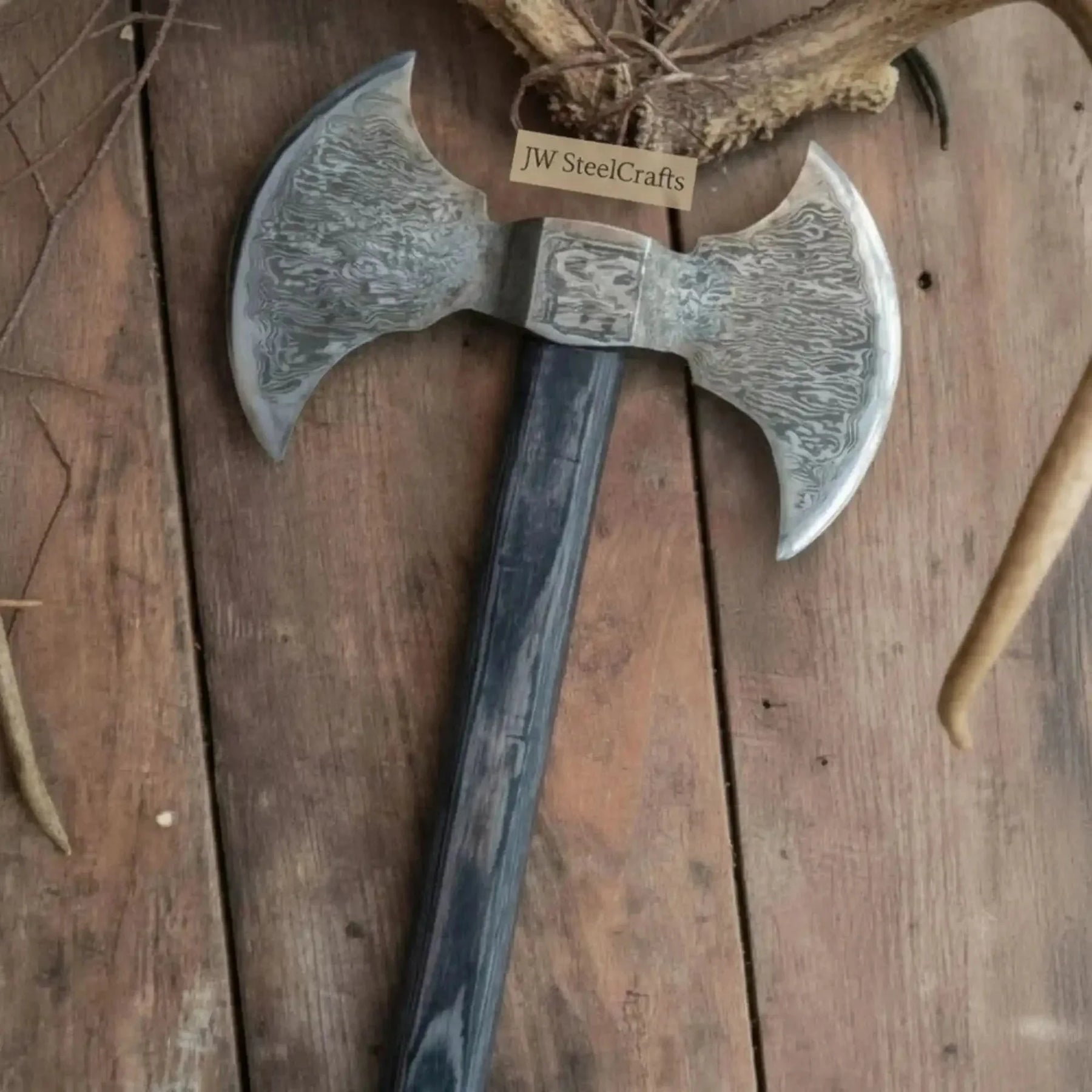 Handmade Damascus Steel Viking Double-Headed Axe with Wooden Handle by JW SteelCrafts