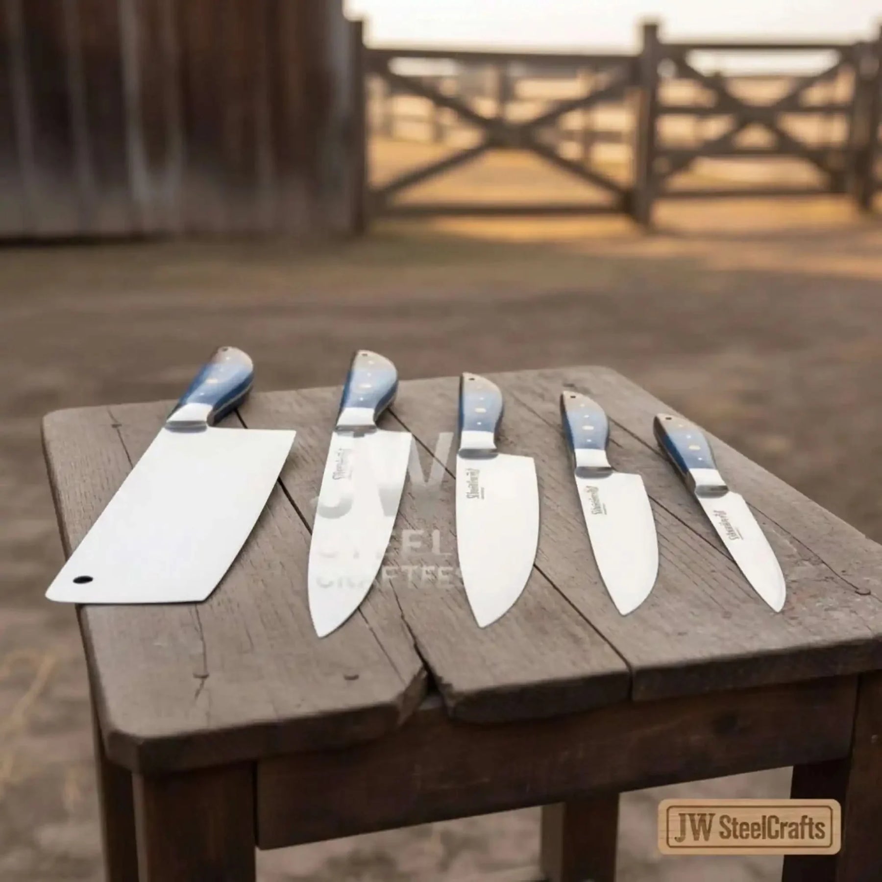 Blue Wood Damascus Chef Knife Set: 5-Piece Handmade Collection detail view by JW SteelCrafts