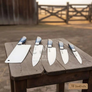 Blue Wood Damascus Chef Knife Set: 5-Piece Handmade Collection detail view by JW SteelCrafts