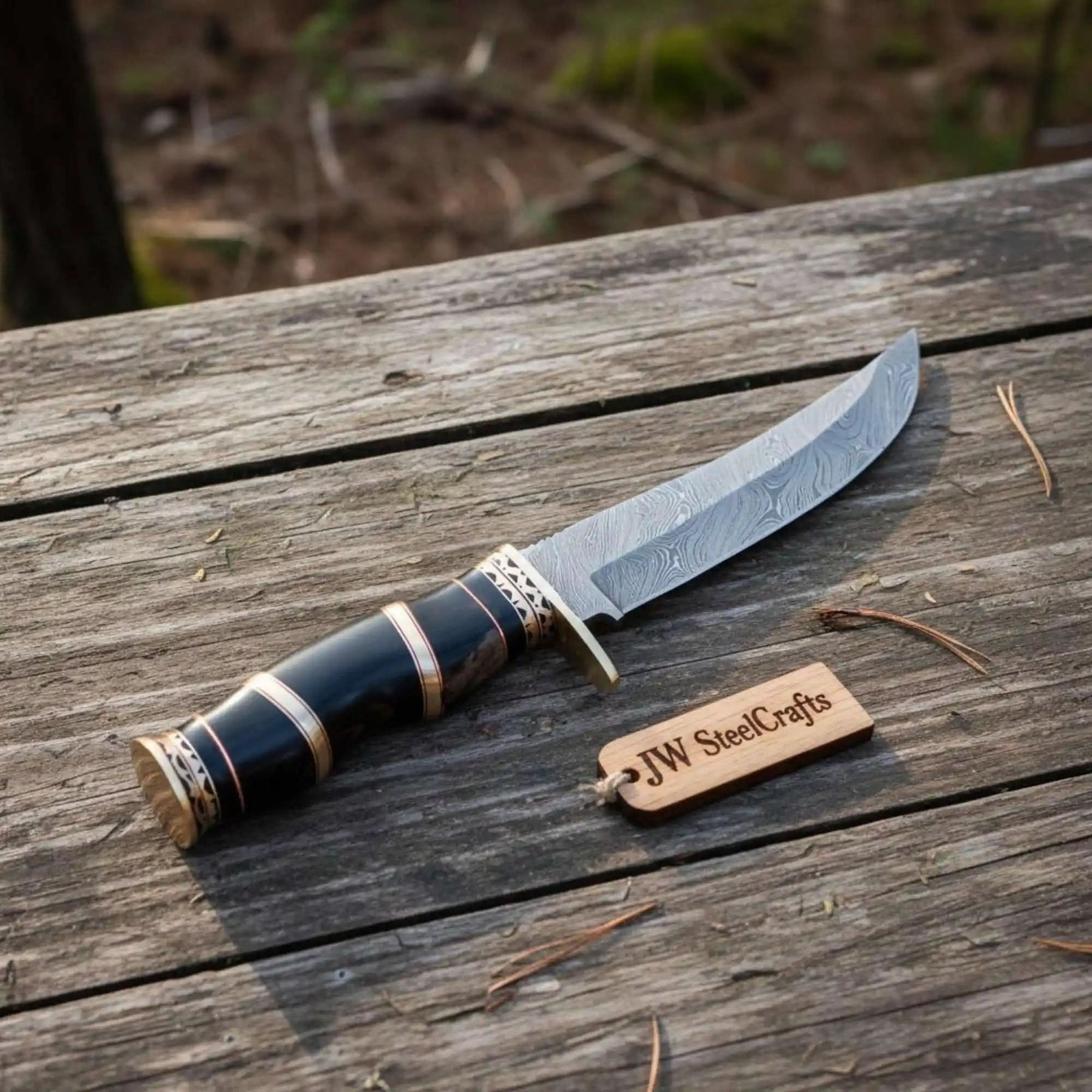 Handmade Damascus Clip Point Bowie Knife Full Tang Fixed Blade by JW SteelCrafts by JW SteelCrafts, Damascus knife main product photo