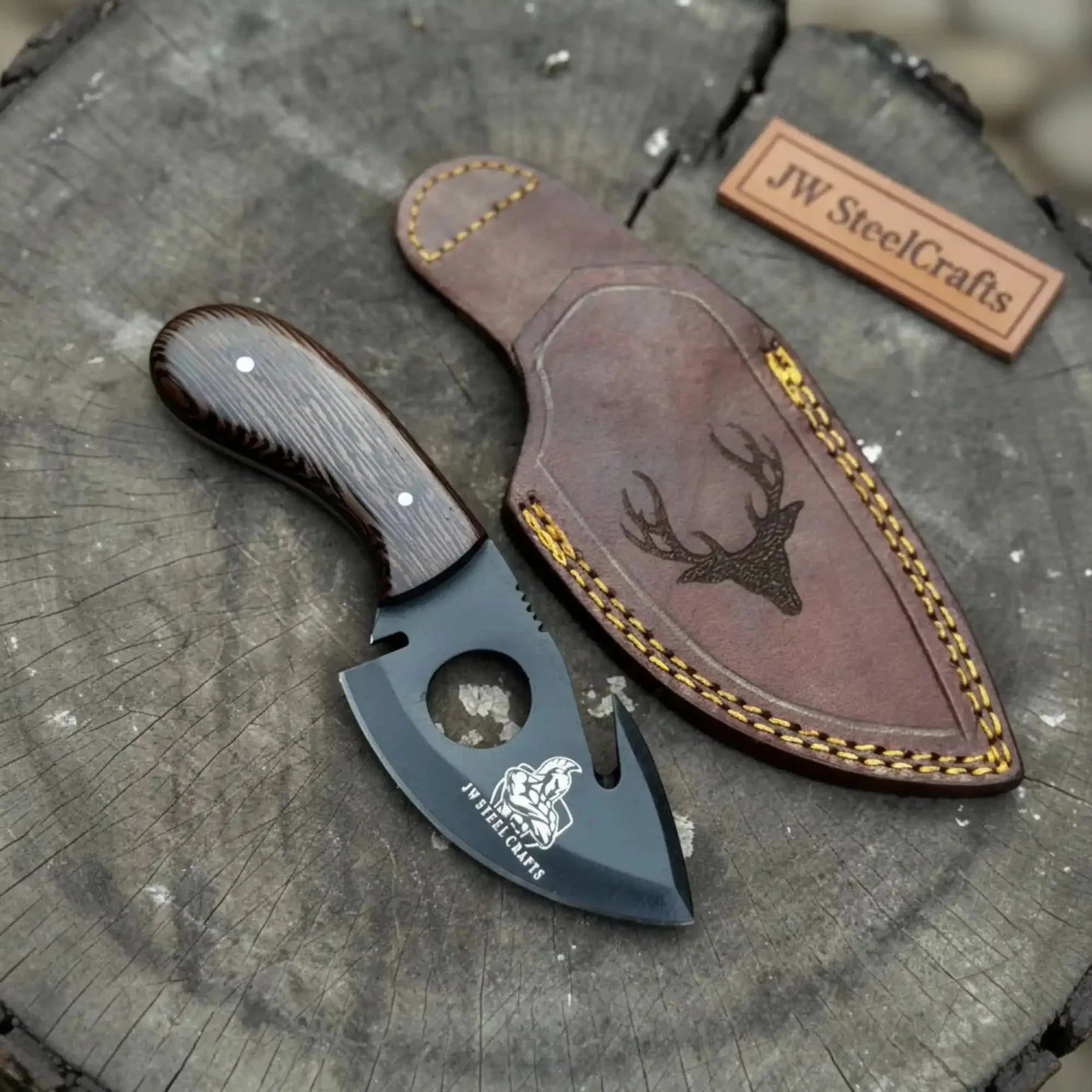 Backwoods Guthook Skinner Knife 6” – Handmade Full Tang Hunting Blade with Hardwood Handle & Leather Sheath by JW SteelCrafts