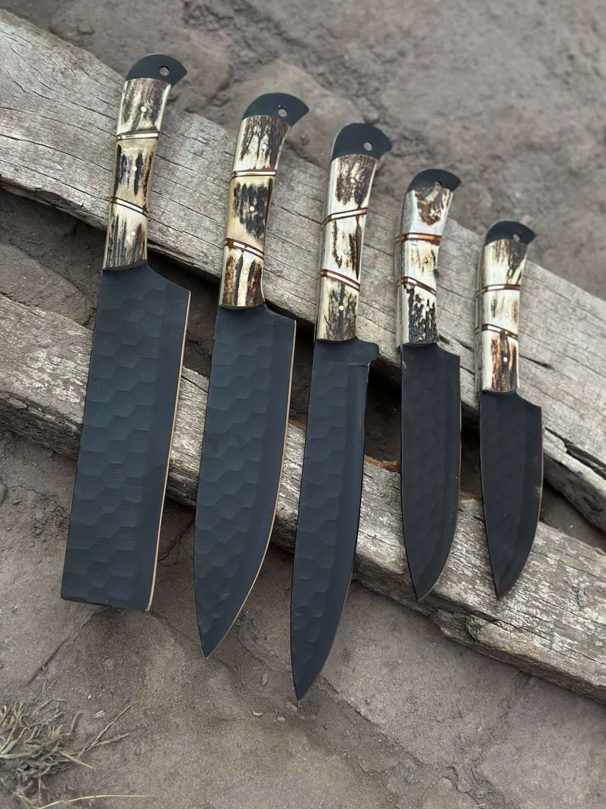 Handmade Hammered Chef Knife Set with Stag Antler Handles | 5-Piece Kitchen Knife Set by JW SteelCrafts, Damascus knife detail photo 9