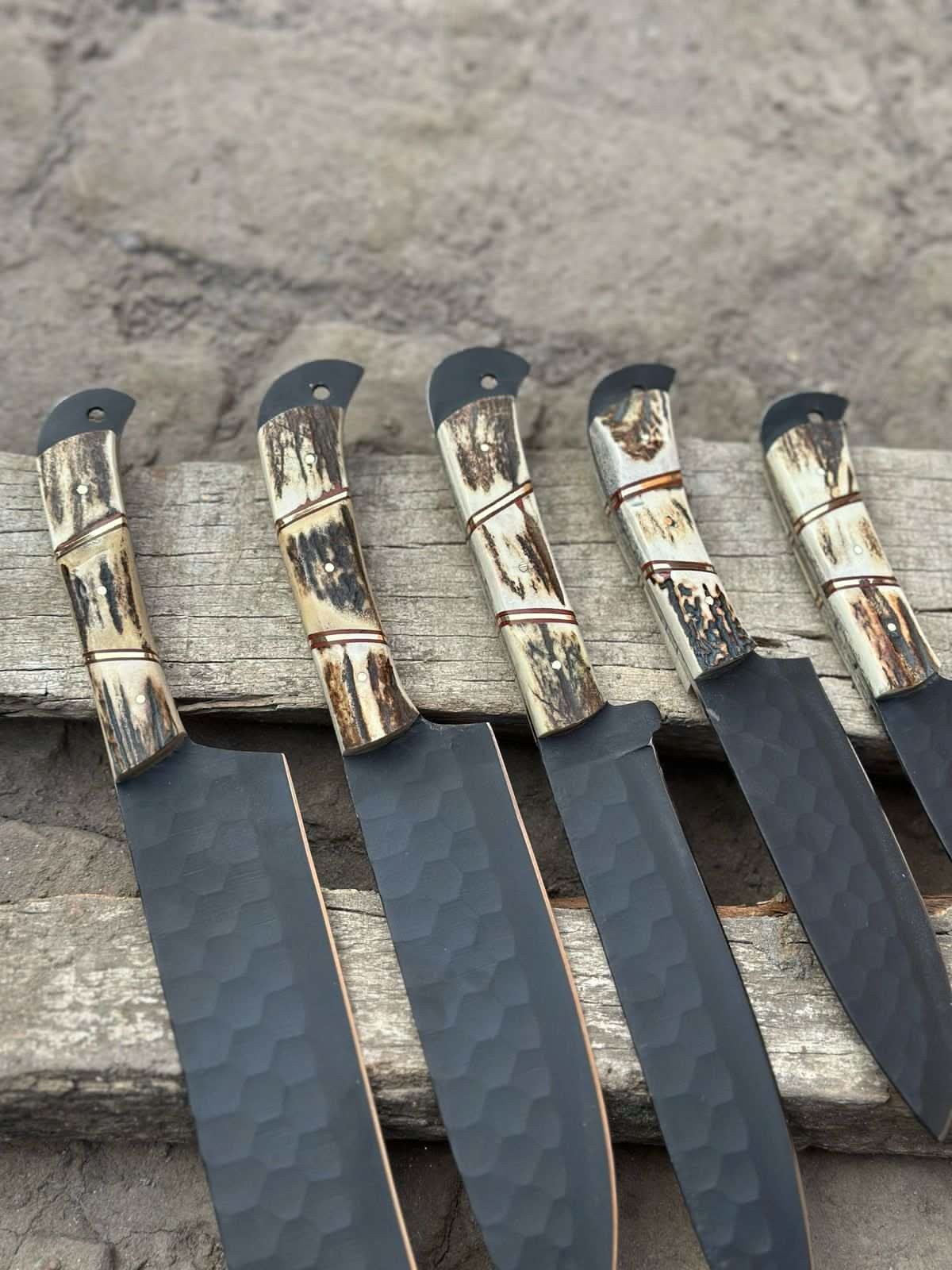 Handmade Hammered Chef Knife Set with Stag Antler Handles | 5-Piece Kitchen Knife Set by JW SteelCrafts, Damascus knife detail photo 4