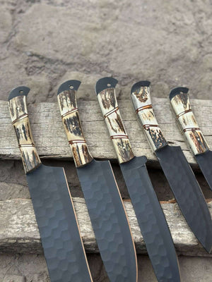 Handmade Hammered Chef Knife Set with Stag Antler Handles | 5-Piece Kitchen Knife Set by JW SteelCrafts, Damascus knife detail photo 4
