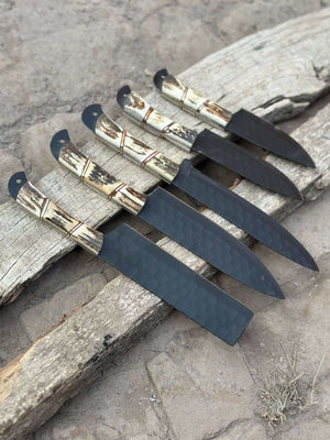 Handmade Hammered Chef Knife Set with Stag Antler Handles | 5-Piece Kitchen Knife Set by JW SteelCrafts, Damascus knife detail photo 10