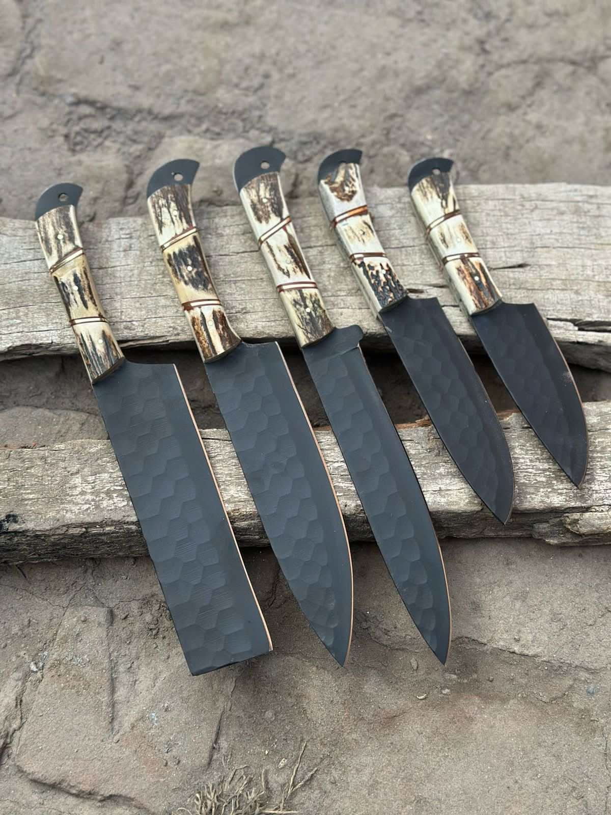 Handmade Hammered Chef Knife Set with Stag Antler Handles | 5-Piece Kitchen Knife Set by JW SteelCrafts, Damascus knife detail photo 5