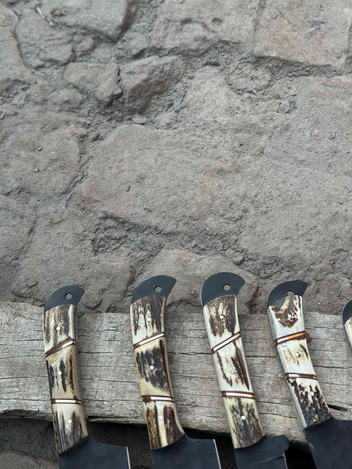 Handmade Hammered Chef Knife Set with Stag Antler Handles | 5-Piece Kitchen Knife Set by JW SteelCrafts, Damascus knife detail photo 3