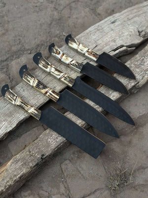 Handmade Hammered Chef Knife Set with Stag Antler Handles | 5-Piece Kitchen Knife Set by JW SteelCrafts, Damascus knife main product photo