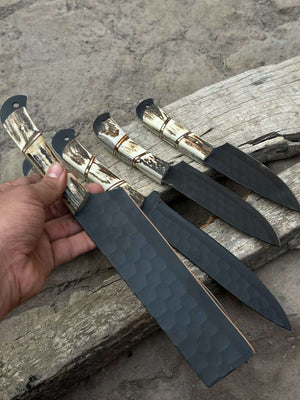 Handmade Hammered Chef Knife Set with Stag Antler Handles | 5-Piece Kitchen Knife Set by JW SteelCrafts, Damascus knife detail photo 8