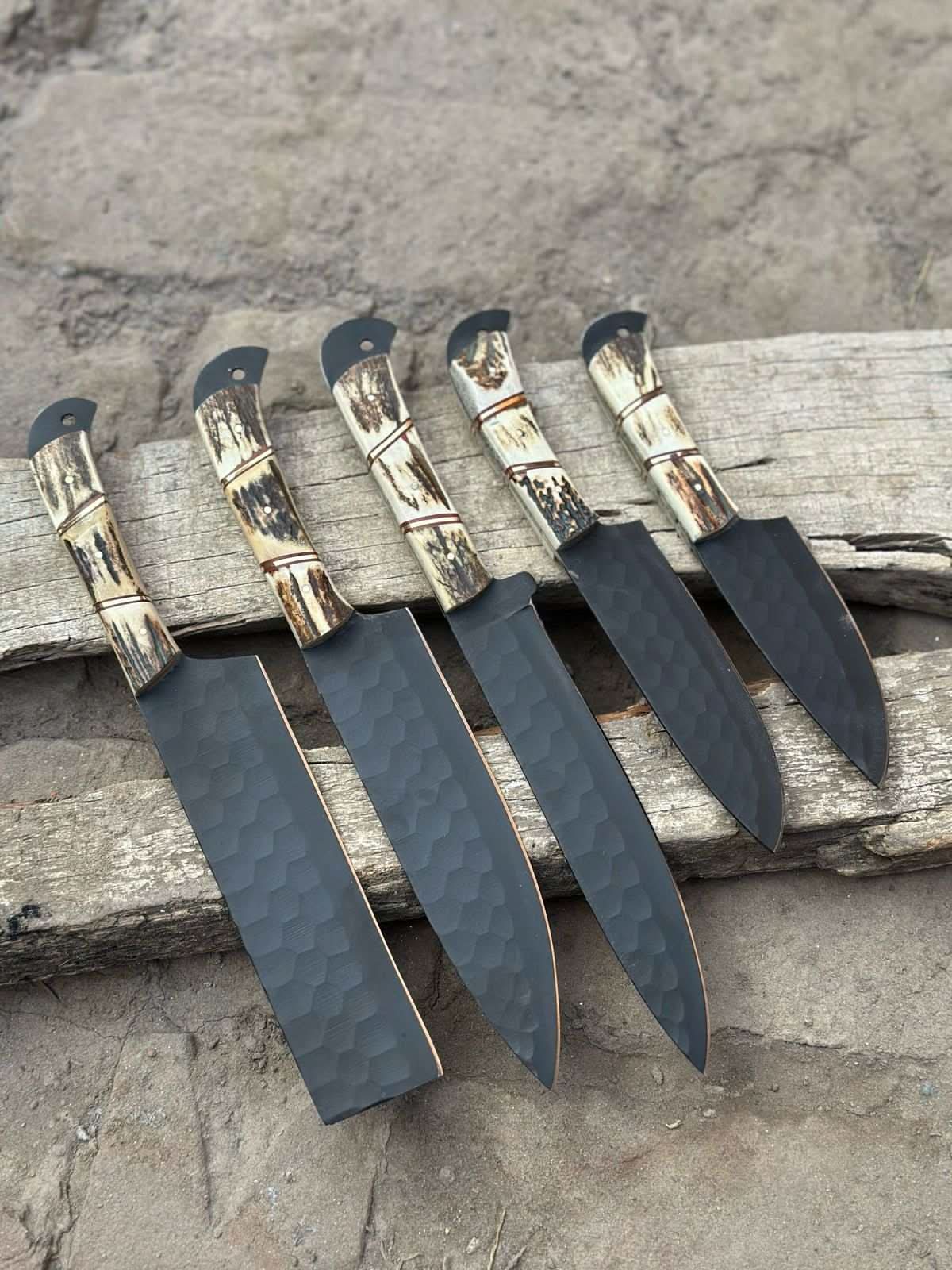 Handmade Hammered Chef Knife Set with Stag Antler Handles | 5-Piece Kitchen Knife Set by JW SteelCrafts, Damascus knife detail photo 6