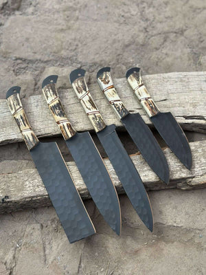 Handmade Hammered Chef Knife Set with Stag Antler Handles | 5-Piece Kitchen Knife Set by JW SteelCrafts, Damascus knife detail photo 6