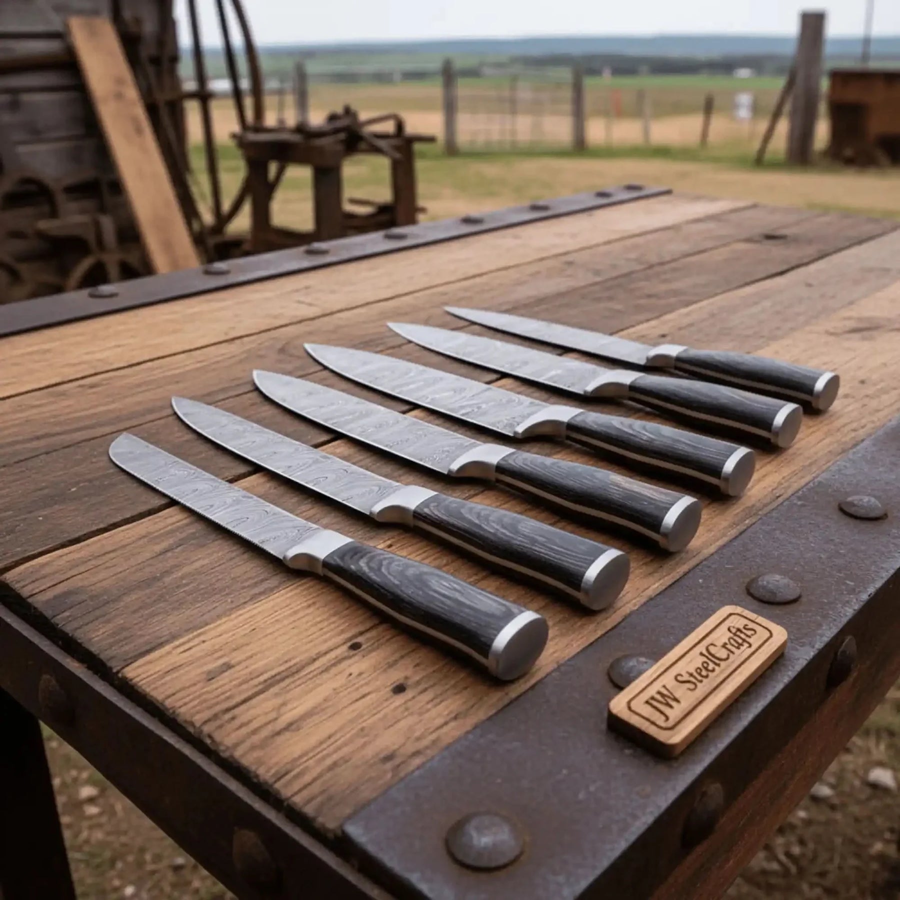 6-Piece Damascus Kitchen Knife Set — Black Wood Handles, Steel Bolsters, Bread, Slicer, Chef, Santoku, Utility & Paring with Leather Roll by JW SteelCrafts, Damascus knife detail
