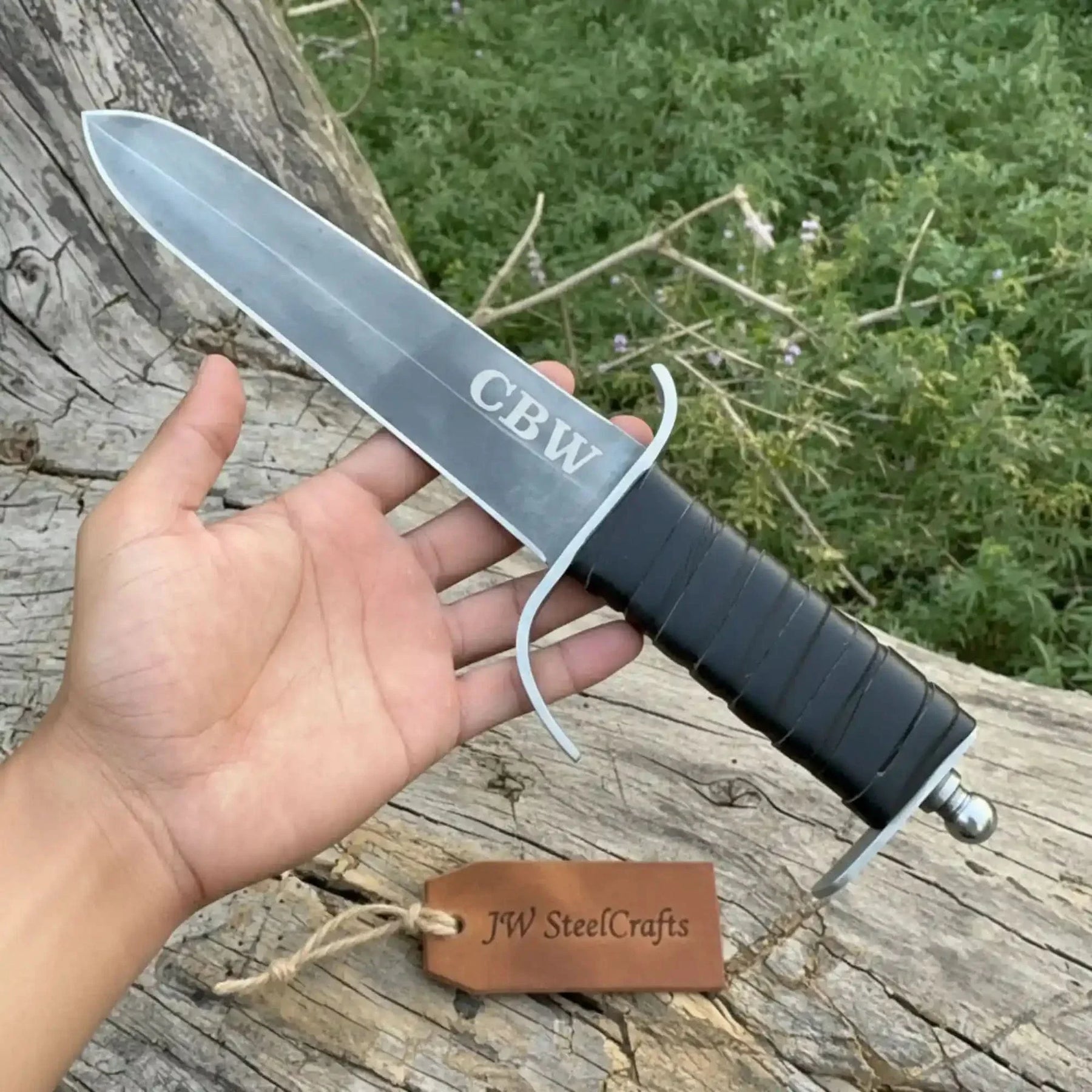 Black Grip Medieval Dagger | Handmade Acid-Washed Leather Handle Blade by JW SteelCrafts, Southern handmade gift detail photo 2