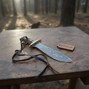 Handmade Persian-Style Upswept Bowie Knife with Stag Handle and Brass Pommel by JW SteelCrafts, Damascus knife main product photo