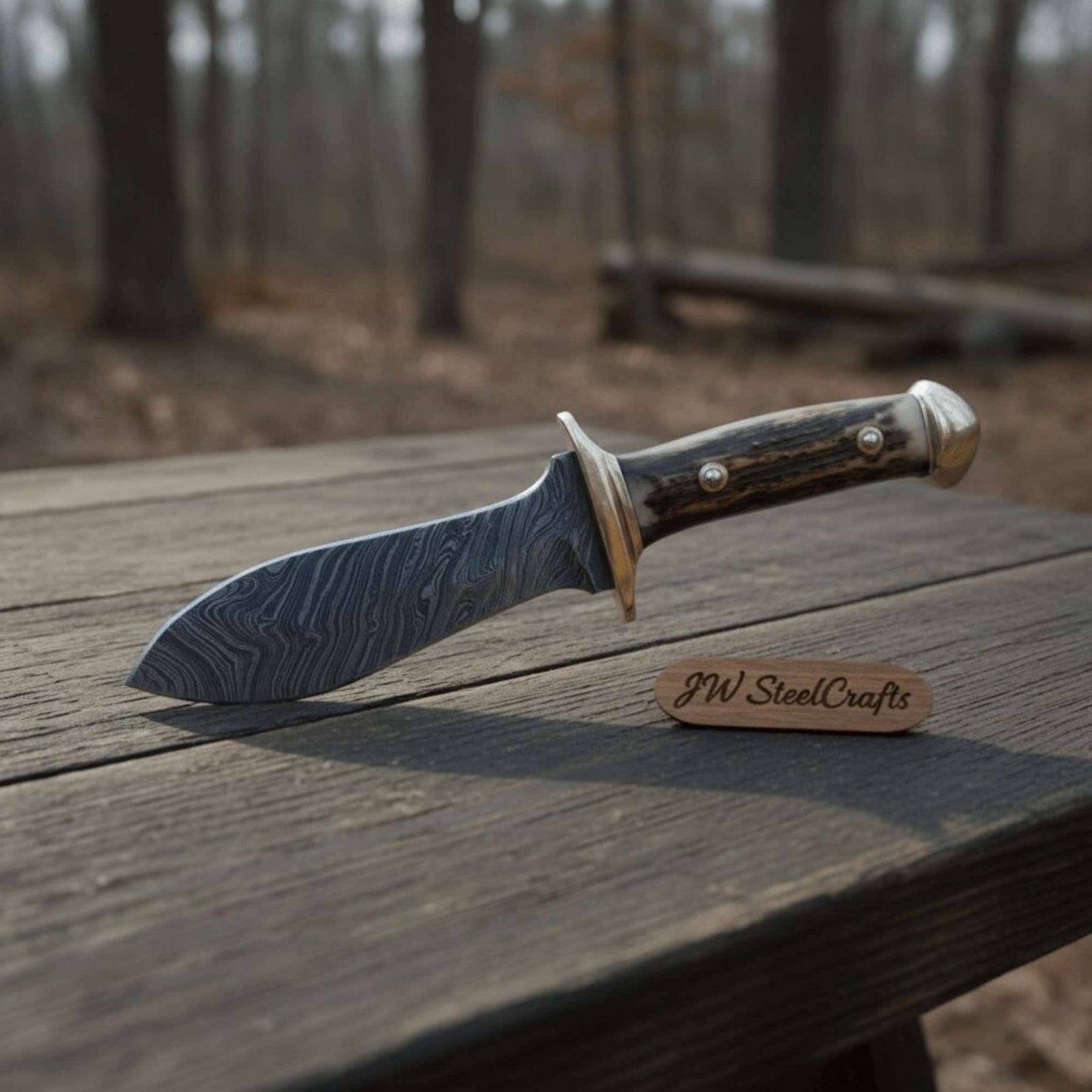 Handmade Persian-Style Upswept Bowie Knife with Stag Handle and Brass Pommel by JW SteelCrafts, Damascus knife detail photo 4
