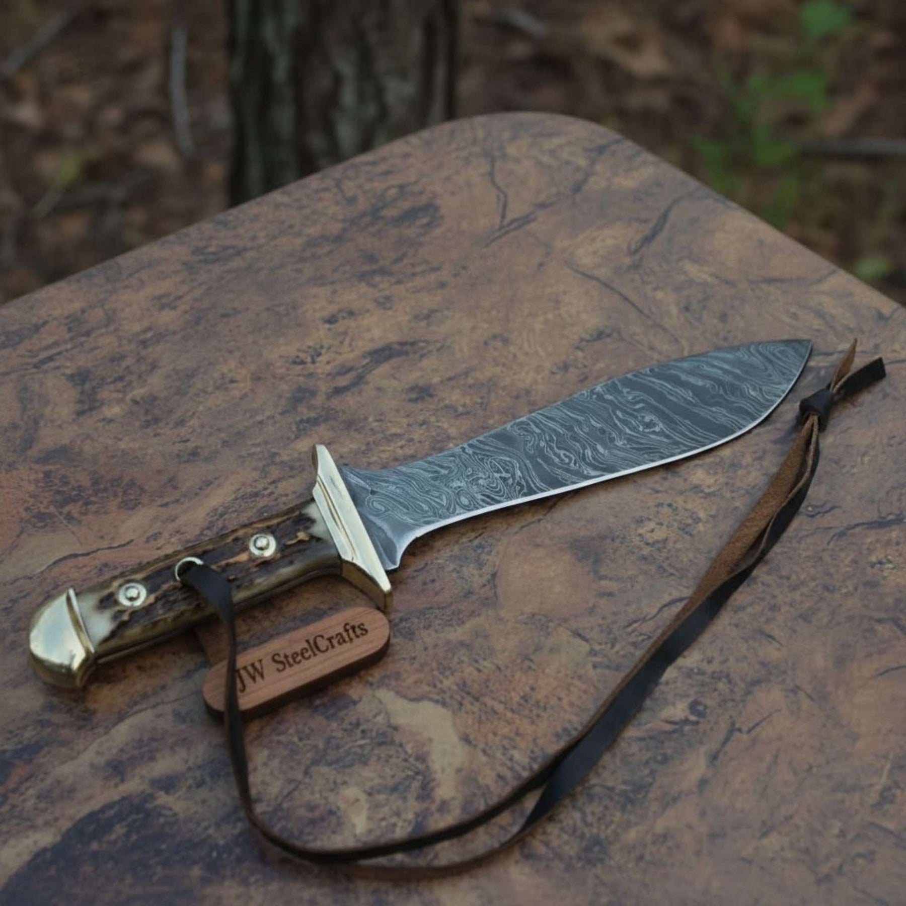 Handmade Persian-Style Upswept Bowie Knife with Stag Handle and Brass Pommel by JW SteelCrafts, Damascus knife detail photo 3