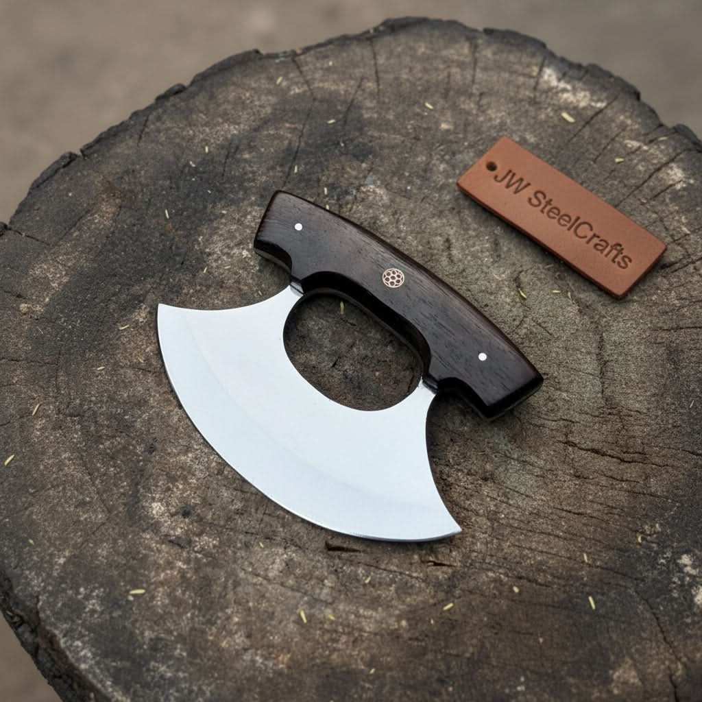 Handmade Stainless Steel Ulu Knife – Wenge Wood Handle | 5.5” Blade | Mosaic Pin | JW SteelCrafts by JW SteelCrafts, Damascus knife main product photo