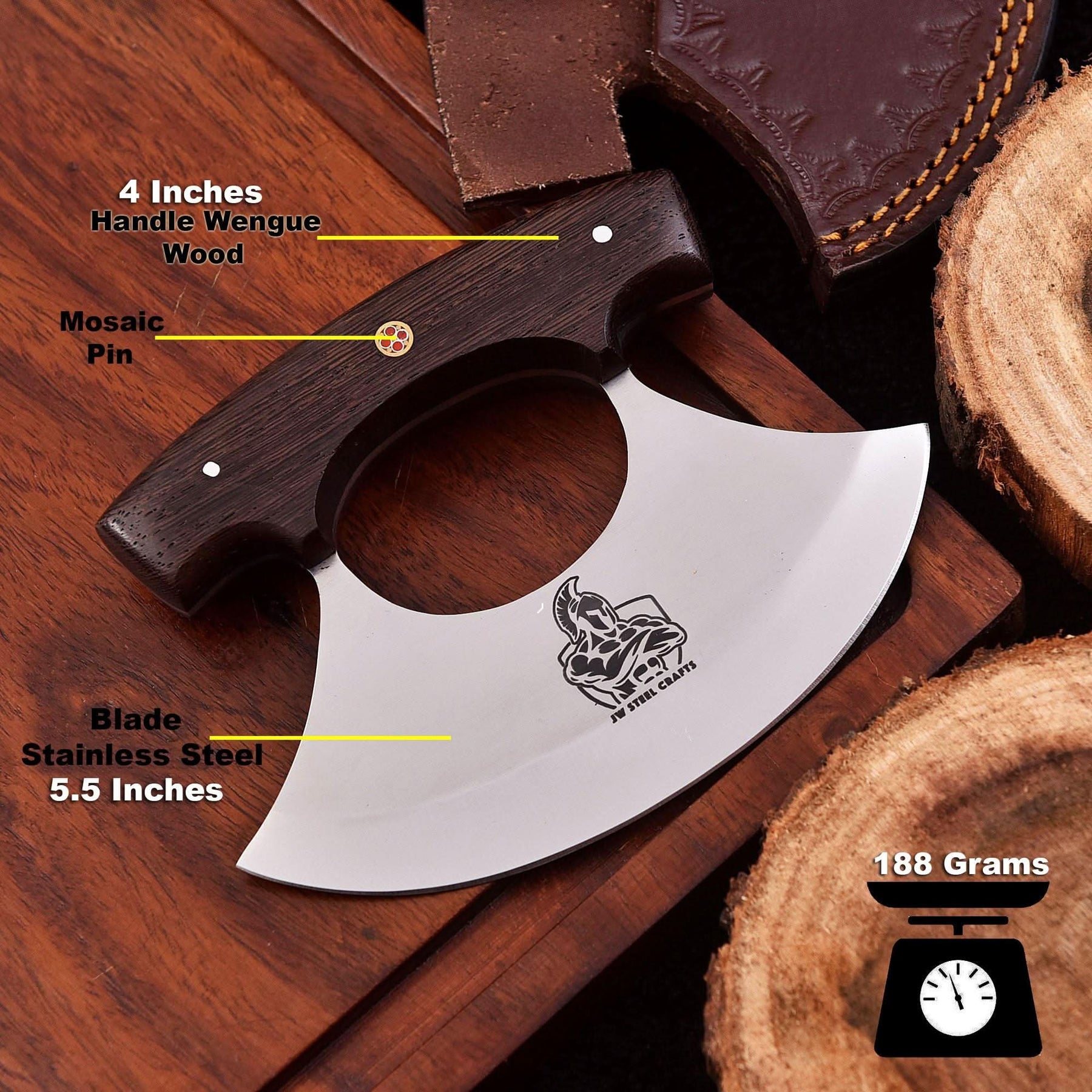 Handmade Stainless Steel Ulu Knife – Wenge Wood Handle | 5.5” Blade | Mosaic Pin | JW SteelCrafts by JW SteelCrafts, Damascus knife detail photo 3