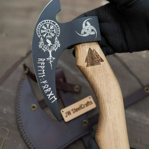 Viking Style Engraved Bearded Axe – Oak Wood Handle by JW SteelCrafts, handmade axe detail photo 3