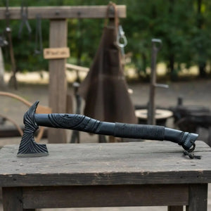 Hand Forged Viking Battle Axe with Carved Black Hardwood Handle detail view by JW SteelCrafts