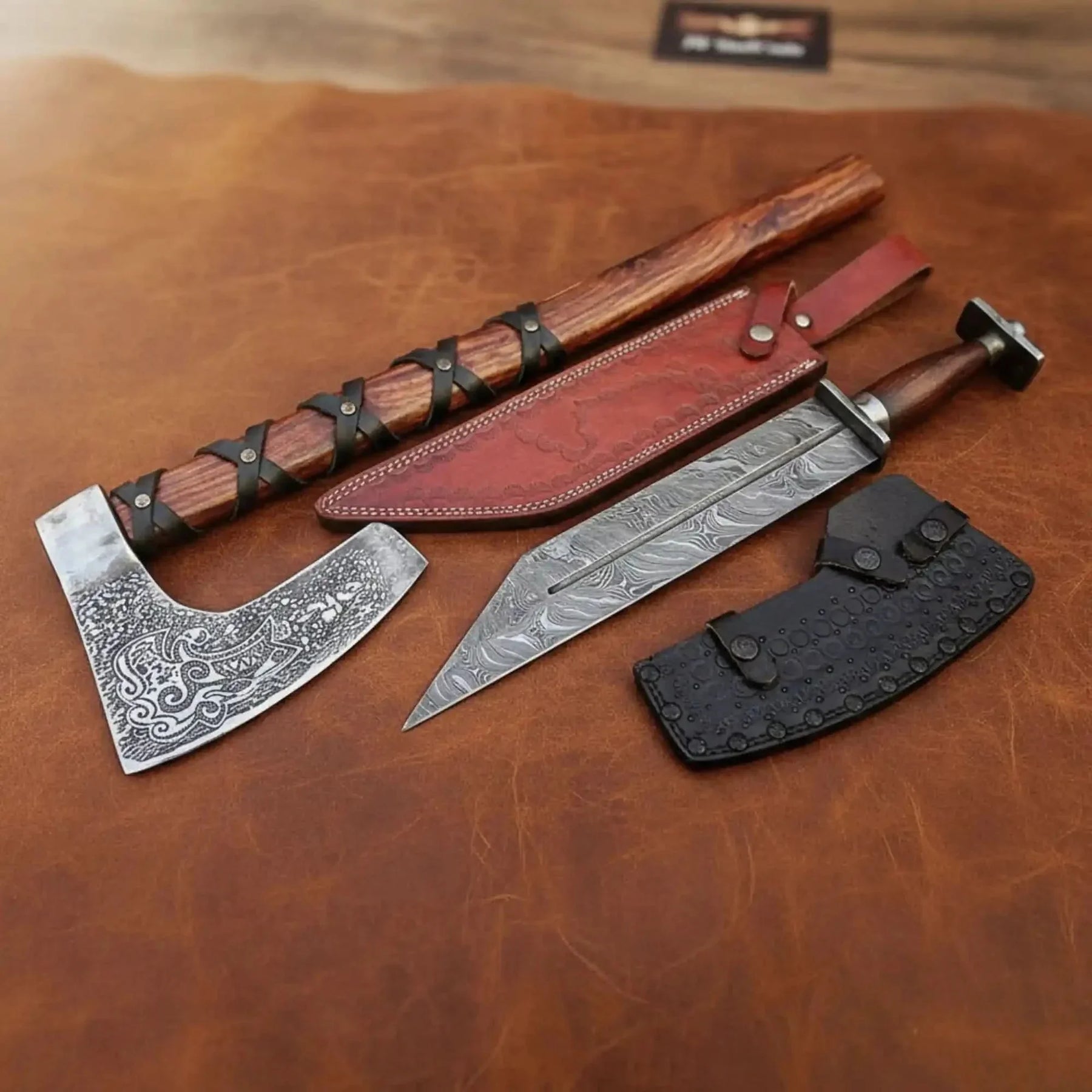Handmade Viking Bearded Axe Knife Set-Forged Steel Blade, Wood Handle, Leather Sheath by JW SteelCrafts