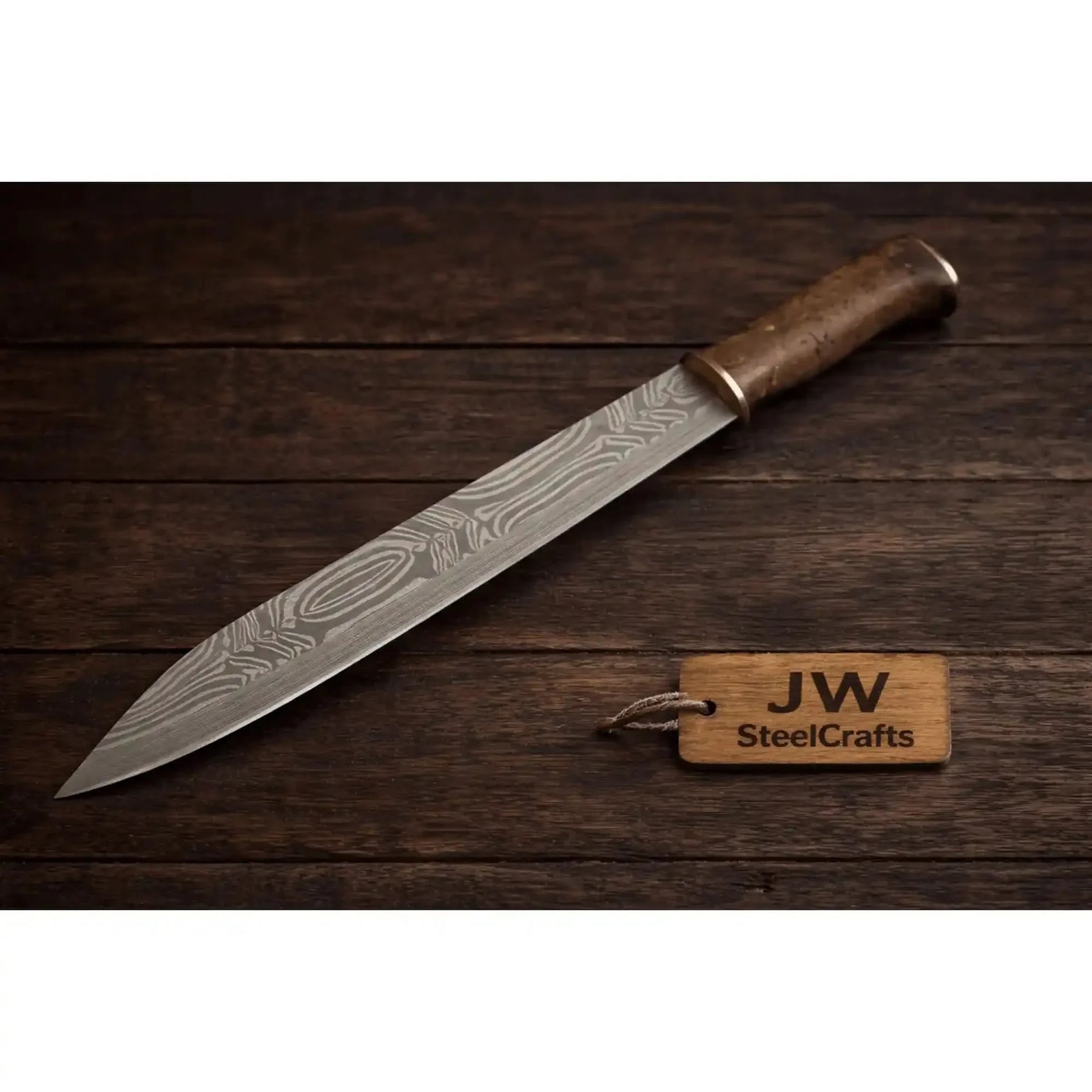 Handmade Viking Seax Knife Damascus Steel Blade 16 Inch Fixed Blade by JW SteelCrafts, Damascus knife main product photo