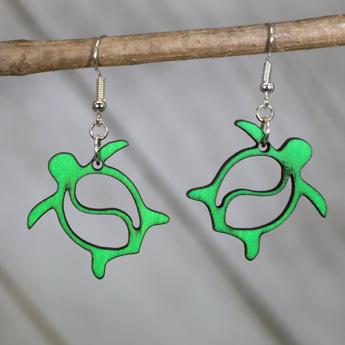 Hawaiian Sea Turtle Wooden Dangle Earrings | Ocean Jewelry detail view by Cate's Concepts, LLC
