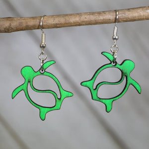Hawaiian Sea Turtle Wooden Dangle Earrings | Ocean Jewelry detail view by Cate's Concepts, LLC