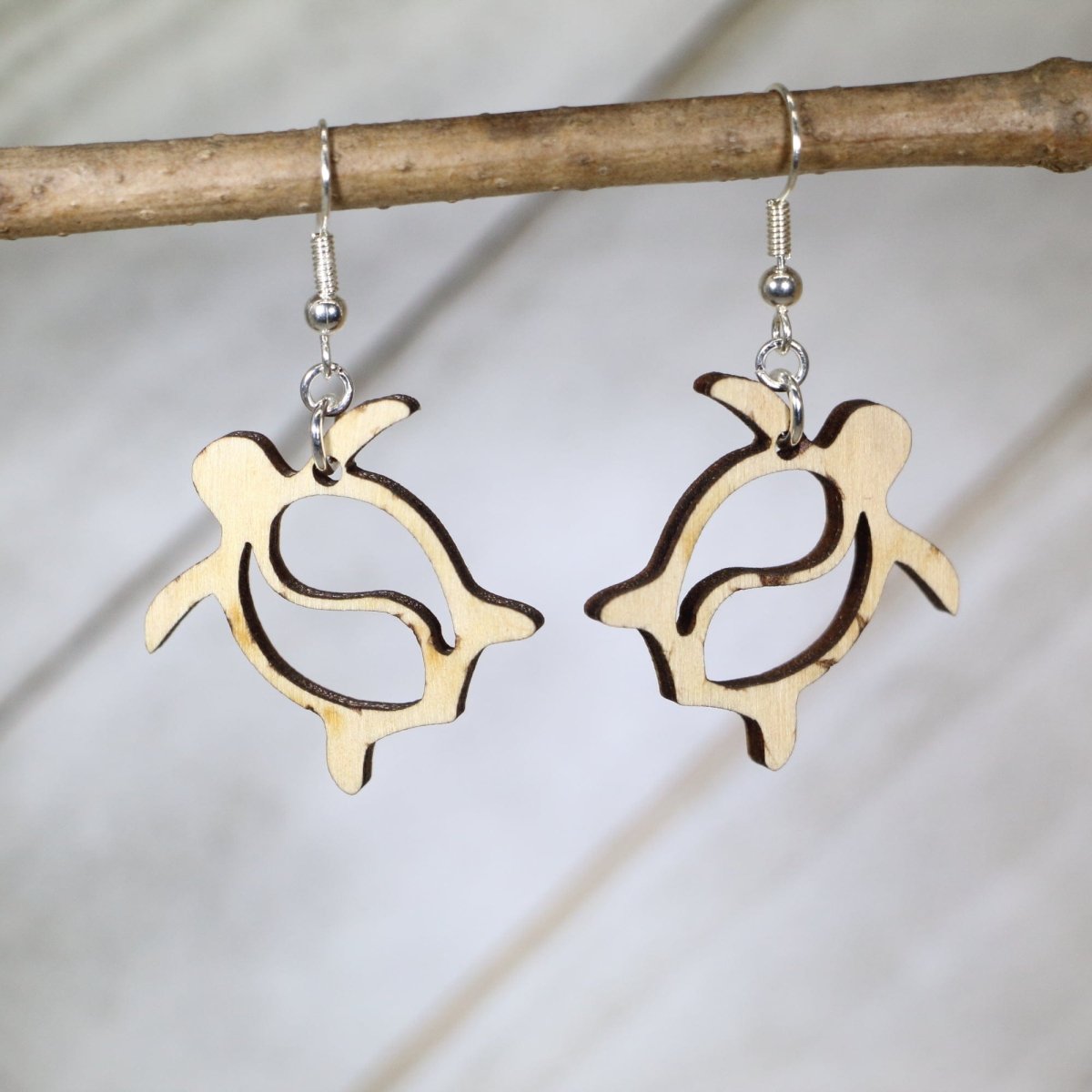 Hawaiian Sea Turtle Wooden Dangle Earrings | Ocean Jewelry detail view by Cate's Concepts, LLC