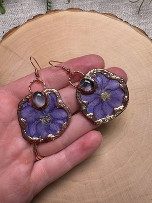 Hazelith- Rose Quartz and Flower Earrings detail view by Copper Ashes