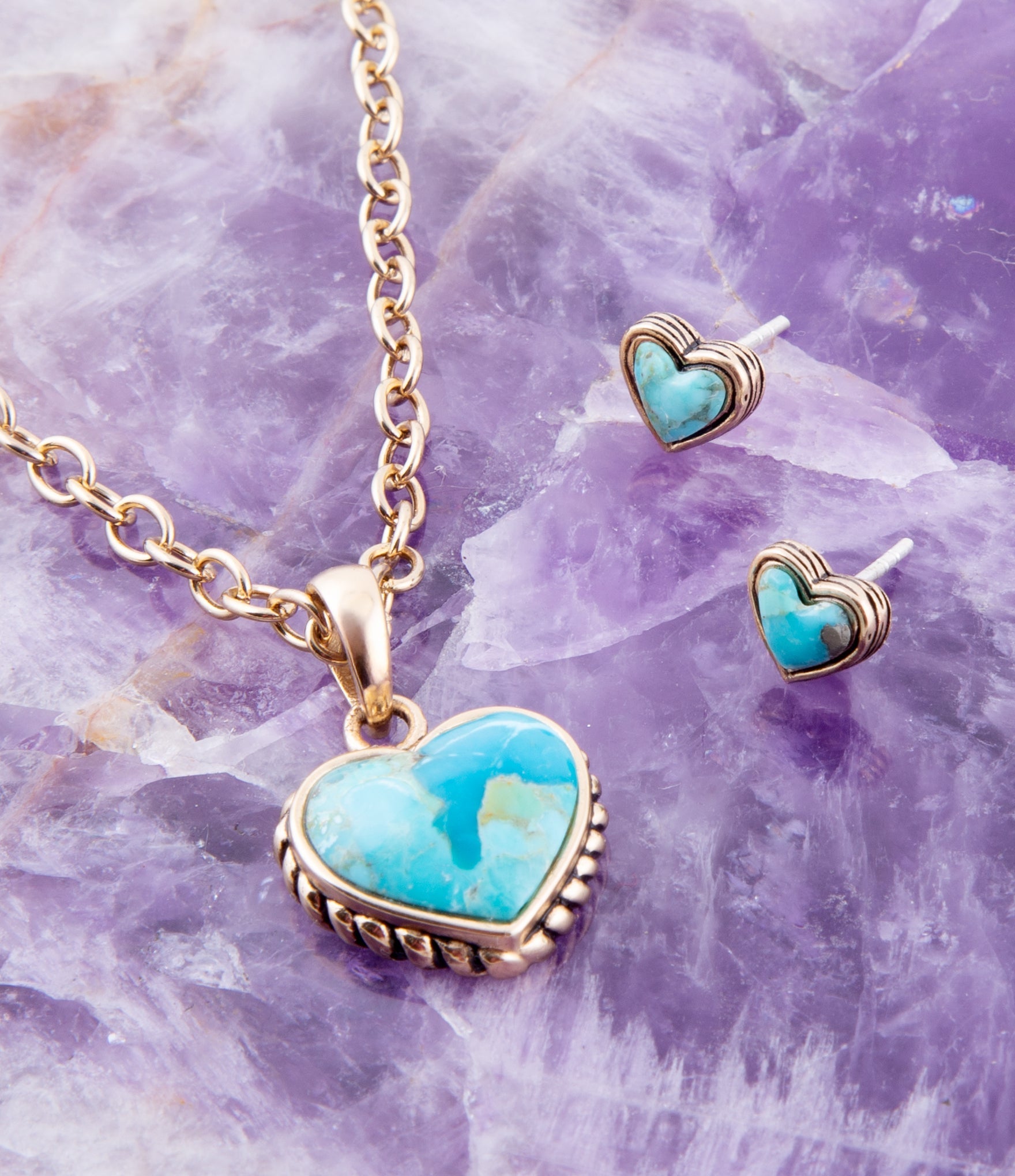 Heart Blue Turquoise Golden Stud Earrings detail view by Barse Jewelry