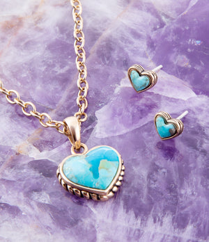 Heart Blue Turquoise Golden Stud Earrings detail view by Barse Jewelry