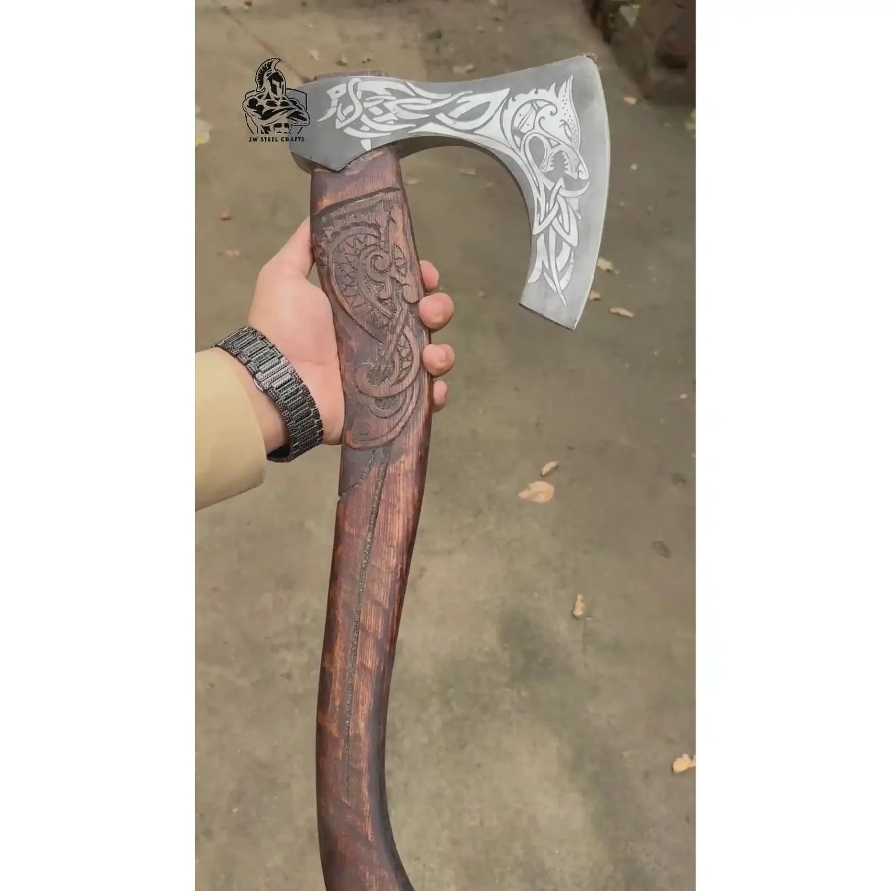 Hand-Engraved Viking Bearded Axe with Carved Hardwood Handle – Damascus Steel Blade | JW SteelCrafts by JW SteelCrafts, Southern lifestyle apparel detail photo 7