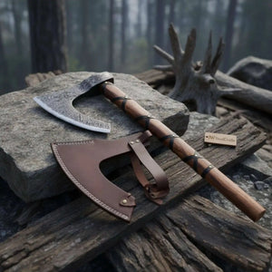 Handmade Damascus Skeggøx Bearded Axe with Leather Wrap and Sheath by JW SteelCrafts, leather knife sheath detail photo 4