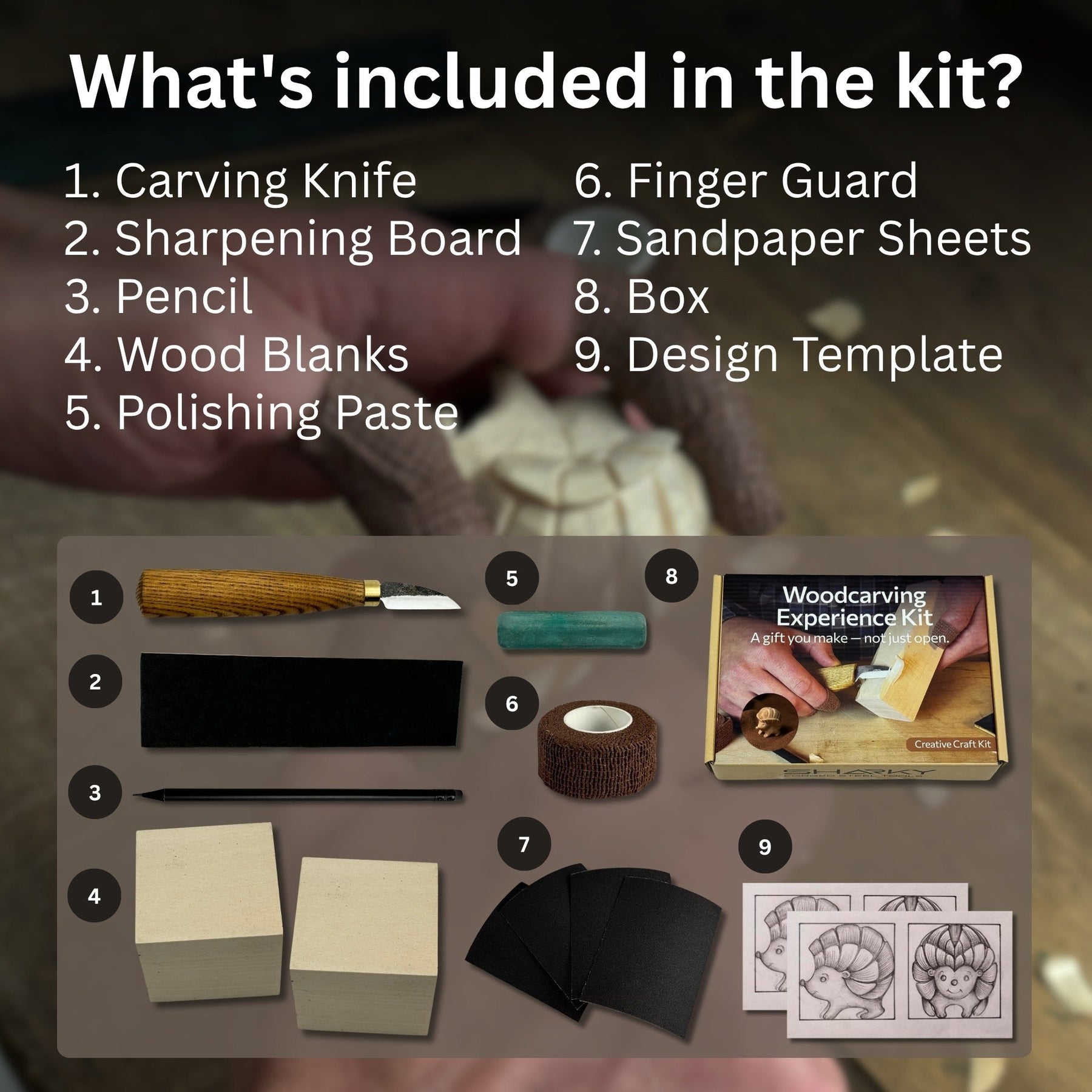 Hedgehog Carving Kit - Complete Starter Whittling Kit for Beginners, Adults, Teens, and Kids detail view by Sharky Forged