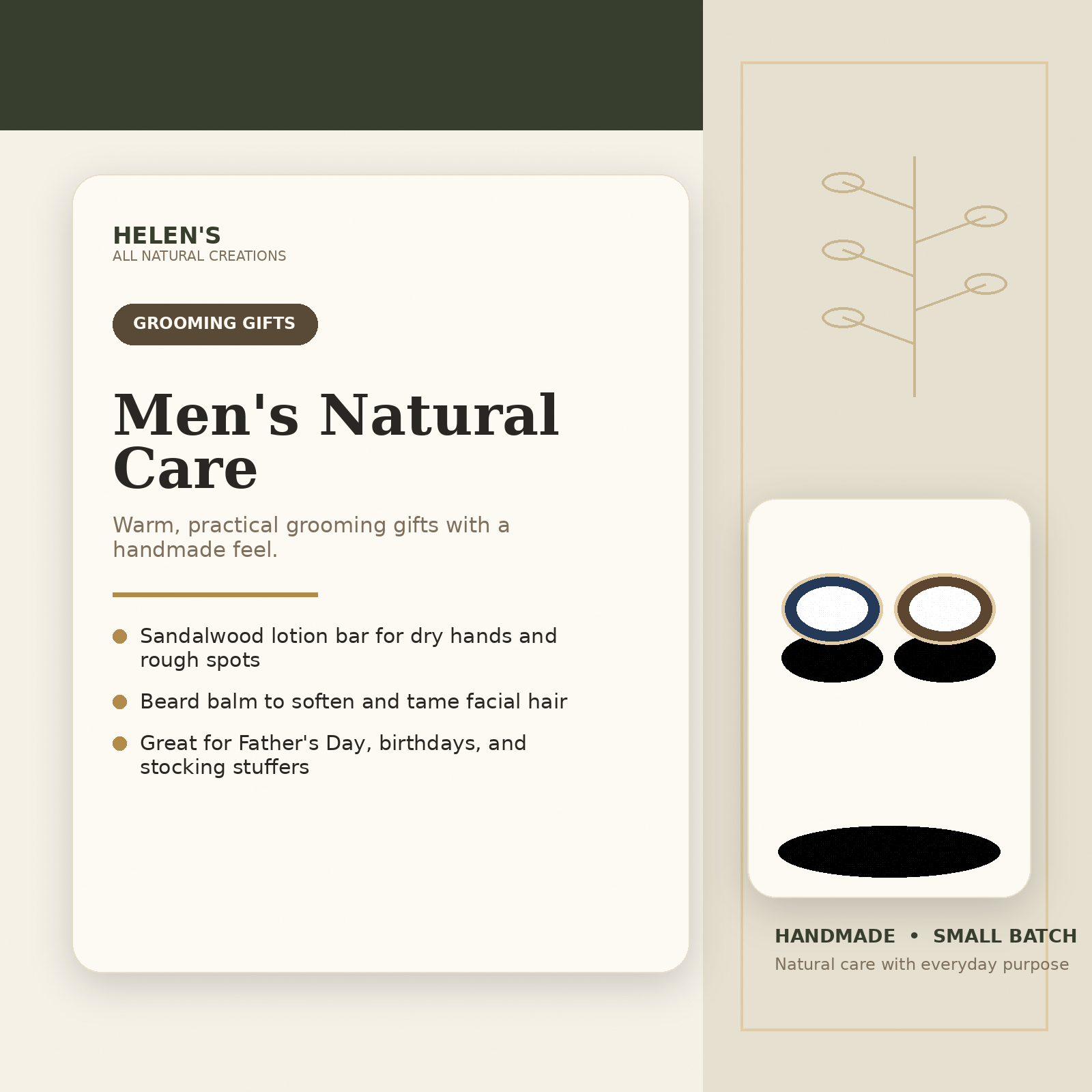 Men's All-Natural Sandalwood Lotion Bar by Helen's All Natural Creations, natural skincare detail photo 3
