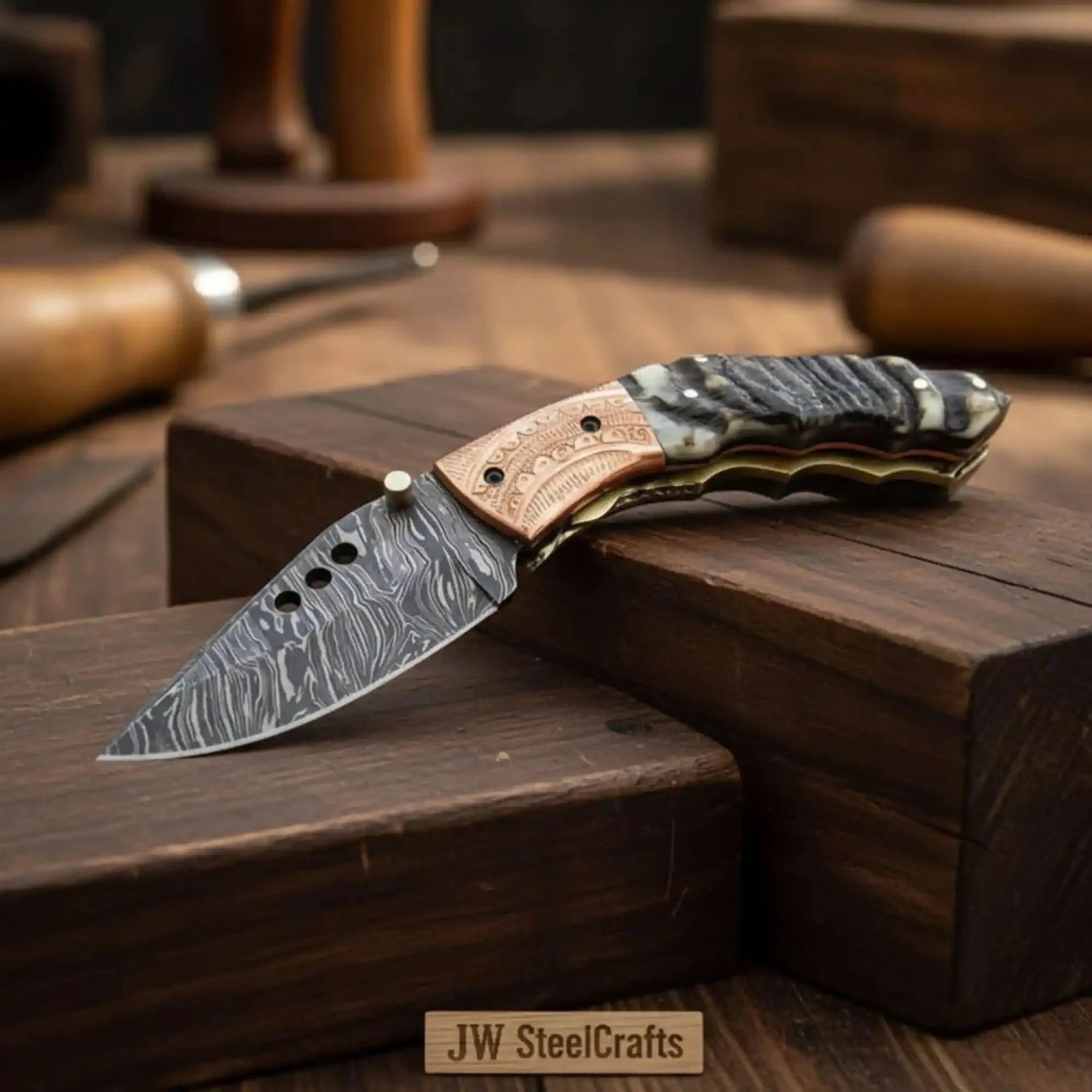 Handmade Damascus Steel Folding Knife with Engraved Metal Handle – Premium EDC Pocket Knife by JW SteelCrafts, Damascus knife main product photo