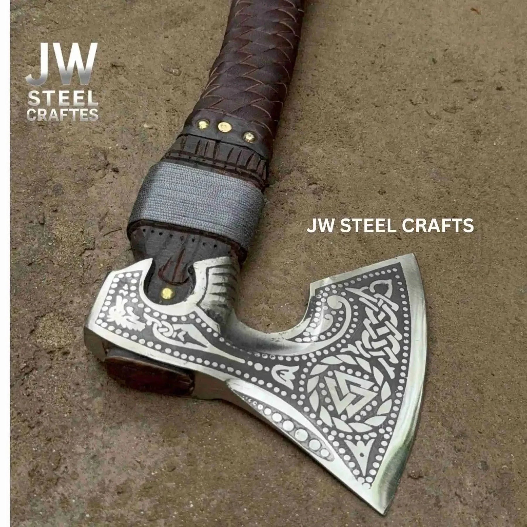 Viking Style Engraved Axe | Handcrafted Leather Wrapped Handle by JW SteelCrafts, handmade axe detail photo 16