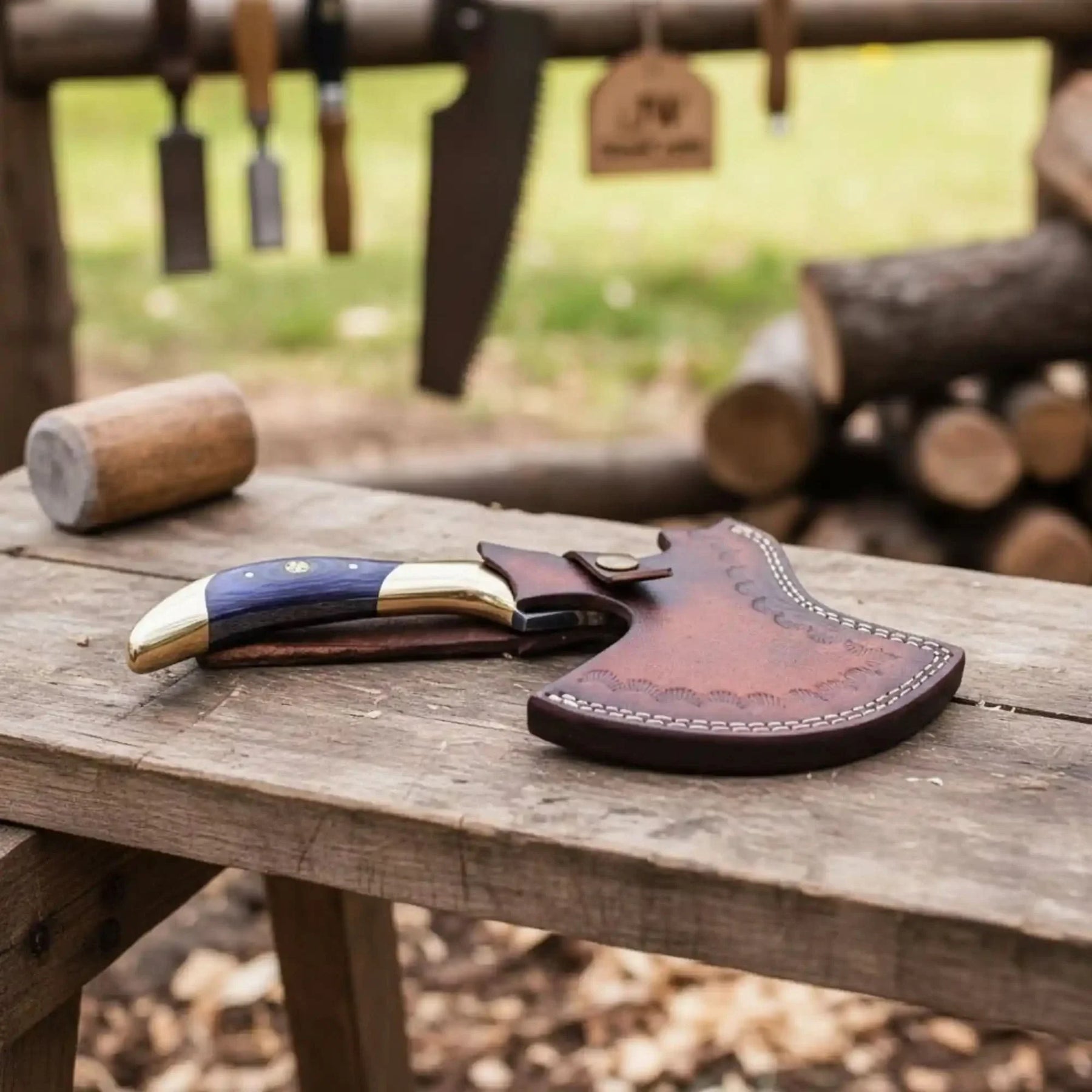Hand-Forged Damascus Bearded Hatchet with Purple wood and brass Handle by JW SteelCrafts, Southern lifestyle apparel detail photo 2